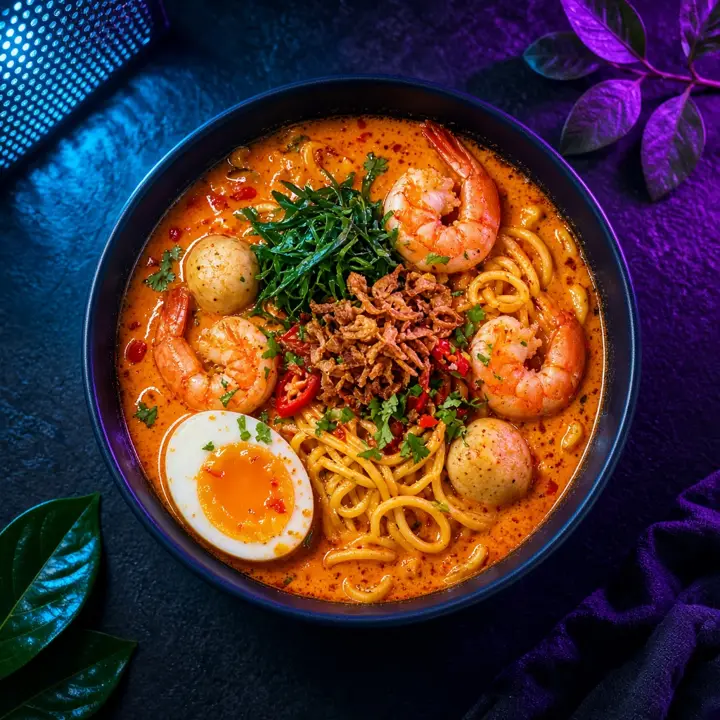 AI-generated social visual of a bowl of laksa
